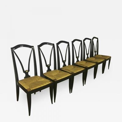 Maison Jansen 1940s set six black dinning chairs