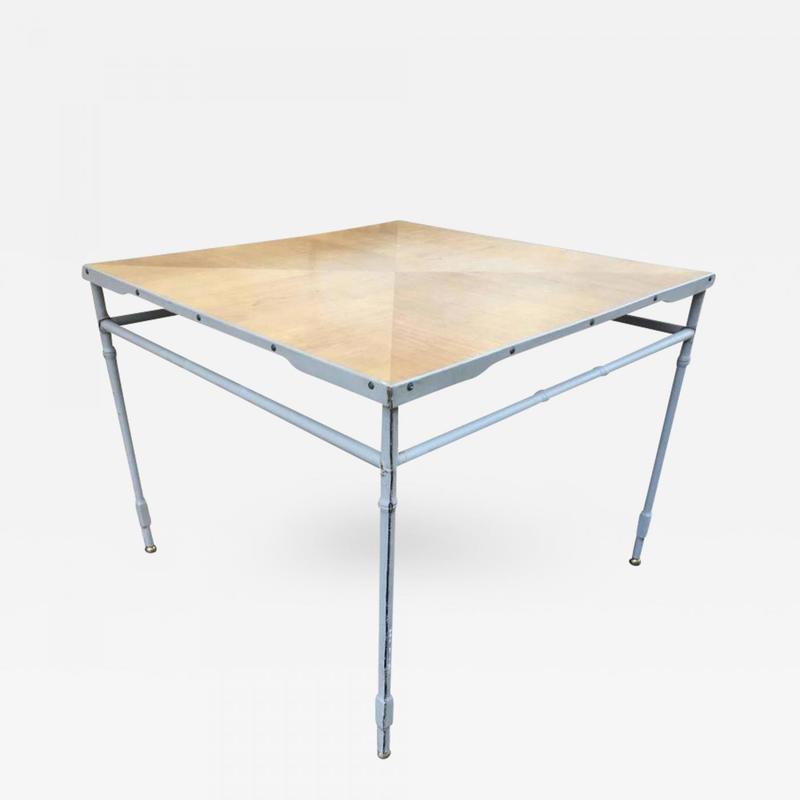 Jacques Adnet Table Oak Sunburst Top Hand-Stitched Leather