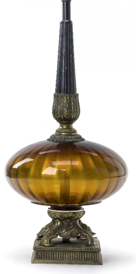 Amber irised glass urn shaped pair of awesome lamp with oxidized 