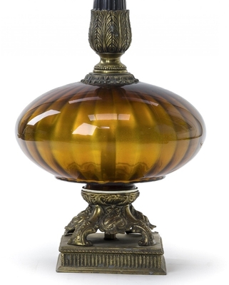 Amber irised glass urn shaped pair of awesome lamp with oxidized 