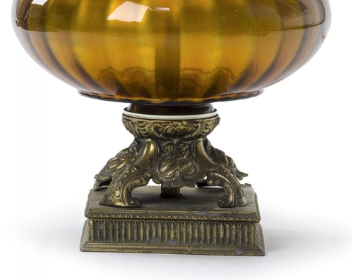 Amber irised glass urn shaped pair of awesome lamp with oxidized 