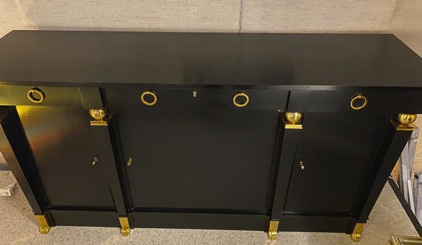 Andre Arbus large black lacquered cabinet with gold bronze accent