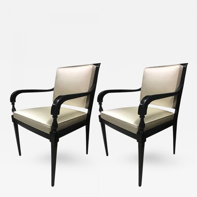 Andre Arbus Neoclassic Black Lacquered Chairs Covered in Silk
