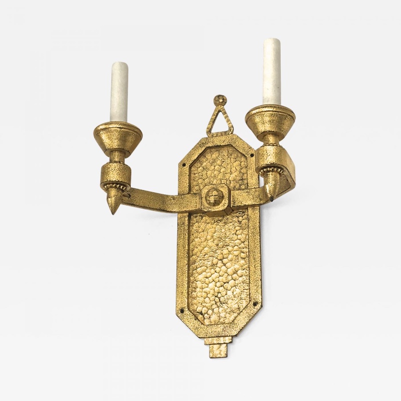 Art deco gold leaf wrought iron 2 light sconce