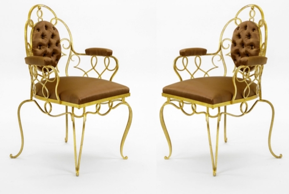 Attributed Rene Prou pair of gold leaf wrought iron arm chairs
