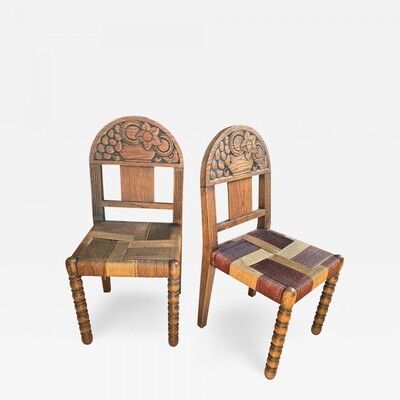 Brutalist Art Deco carved pair of chair with rope waved seats