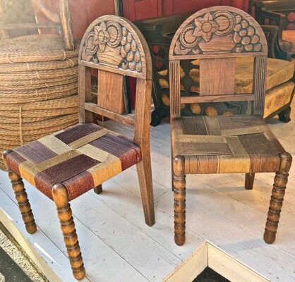 Brutalist Art Deco carved pair of chair with rope waved seats