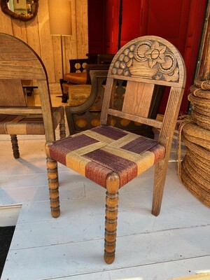 Brutalist Art Deco carved pair of chair with rope waved seats