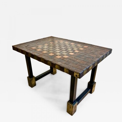 Brutalist French 50s hammered iron coffee table with oxidized acid patina canvas top