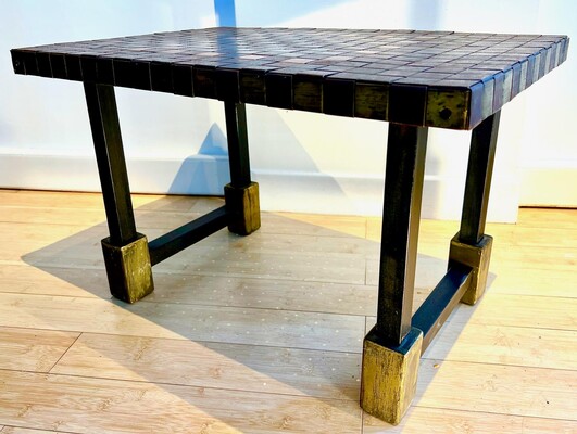 Brutalist French 50s hammered iron coffee table with oxidized acid patina canvas top