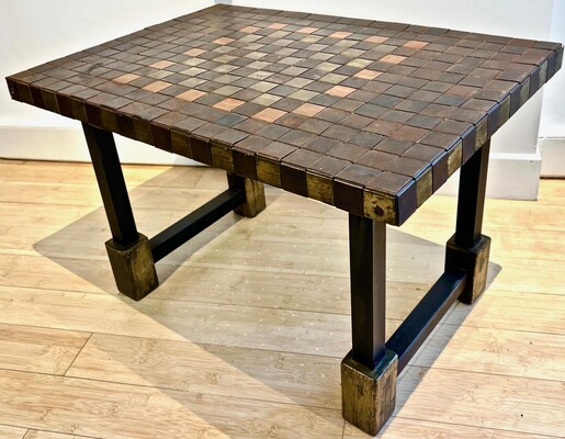 Brutalist French 50s hammered iron coffee table with oxidized acid patina canvas top
