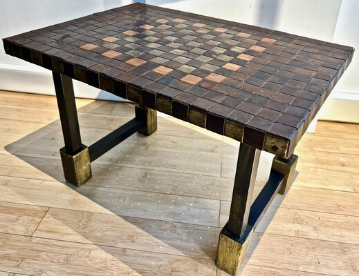 Brutalist French 50s hammered iron coffee table with oxidized acid patina canvas top