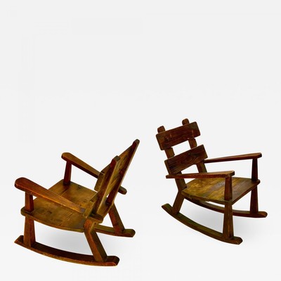 Brutalist French rarest raw pine pair of rocking chairs