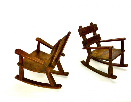 Brutalist French rarest raw pine pair of rocking chairs