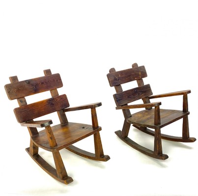 Brutalist French rarest raw pine pair of rocking chairs
