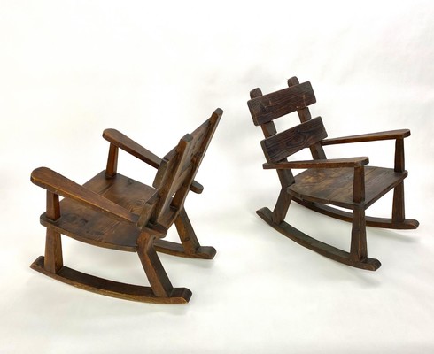 Brutalist French rarest raw pine pair of rocking chairs