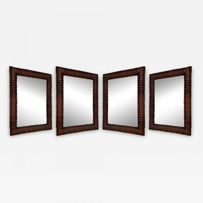 Brutalist rare superb set of 4 carved wood mirrors