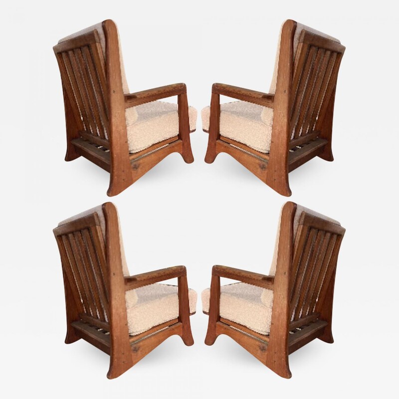 Brutalist set of 4 solid wood comfy lounge chairs