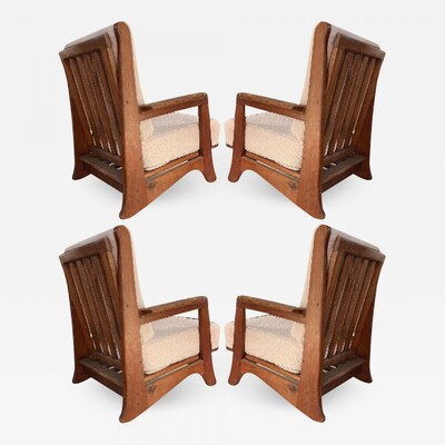 Brutalist set of 4 solid wood comfy lounge chairs