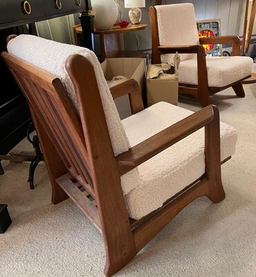 Brutalist set of 4 solid wood comfy lounge chairs