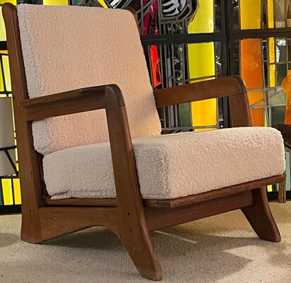 Brutalist set of 4 solid wood comfy lounge chairs