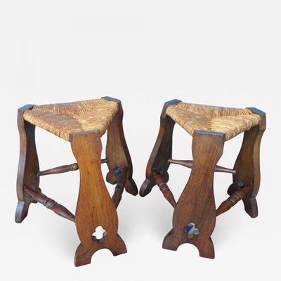 Brutalist stackable pair of French Alp rush and oak stools