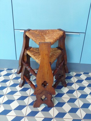 Brutalist stackable pair of French Alp rush and oak stools