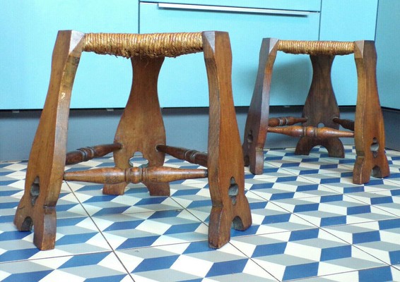 Brutalist stackable pair of French Alp rush and oak stools