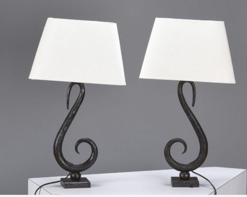 Brutalist wrought iron S shaped pair of lamps