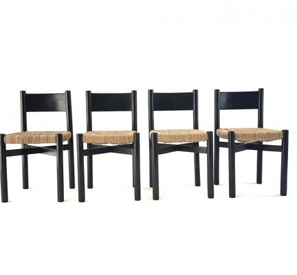 Charlotte Perriand exceptional set of 8 black meribel chairs