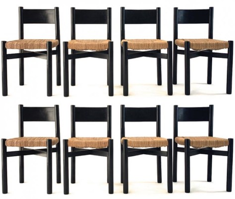 Charlotte Perriand exceptional set of 8 black meribel chairs