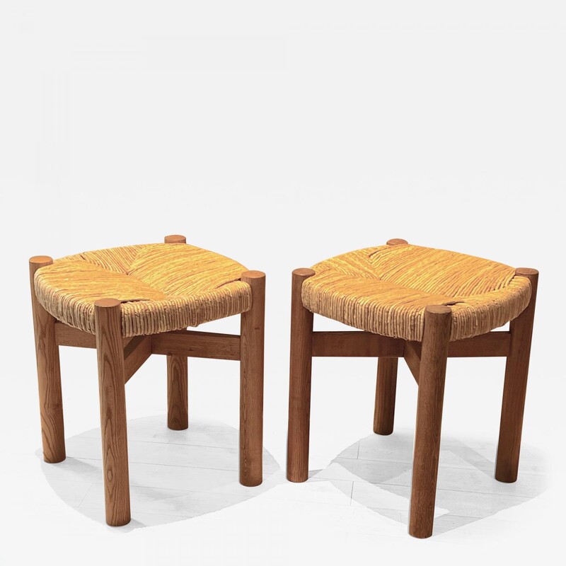 Charlotte Perriand pair of ash tree and rush meribel stool