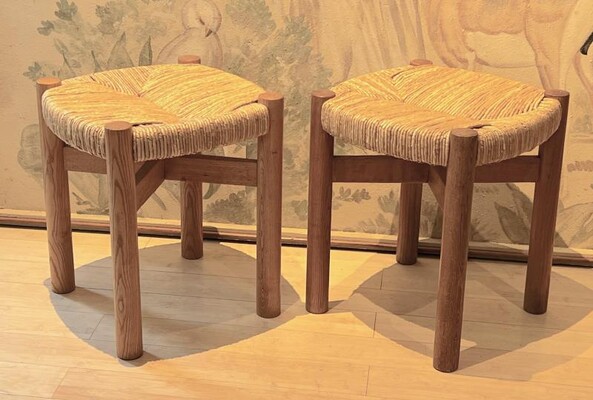 Charlotte Perriand pair of ash tree and rush meribel stool