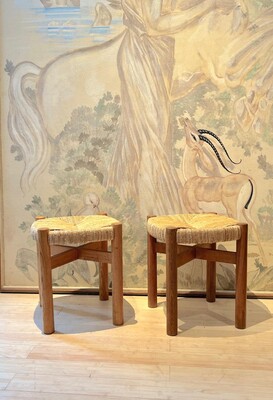 Charlotte Perriand pair of ash tree and rush meribel stool