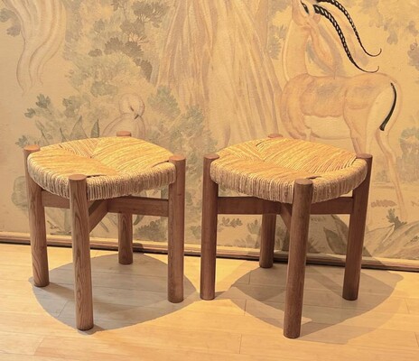 Charlotte Perriand pair of ash tree and rush meribel stool