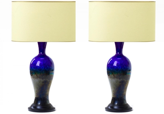 Deep blue cobalt irised ceramic urn Italian pair of lamp