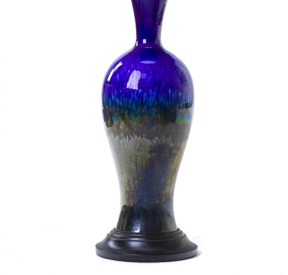 Deep blue cobalt irised ceramic urn Italian pair of lamp