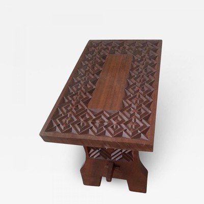 Ethnic organic engraved  masterwork solid mahogany coffee table