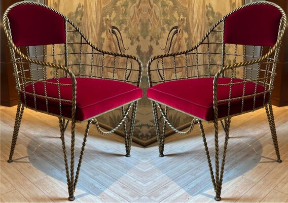 Forties gold leaf wrought iron rocaille pair of chairs