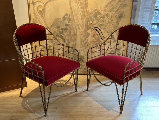Forties gold leaf wrought iron rocaille pair of chairs