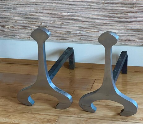 francois Monnet awesome pair of 70s brushed steel andirons