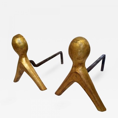 French 1950s Pair of Wrought Iron Andirons with Gold Leaf Abstrac