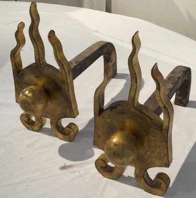 French Forties Flame Gold Leaf Pair of Andirons