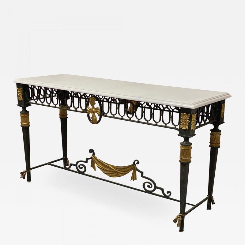 French Neo classical gold leaf metal patinated console 