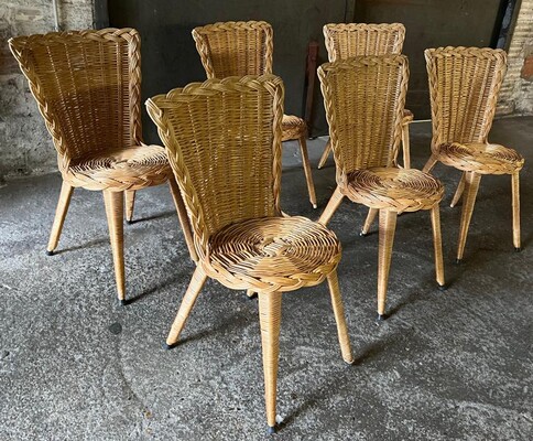 French Riviera charming rattan set of 6 dinning table chairs