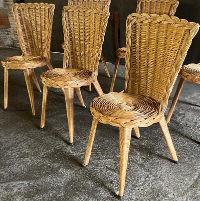 French Riviera charming rattan set of 6 dinning table chairs