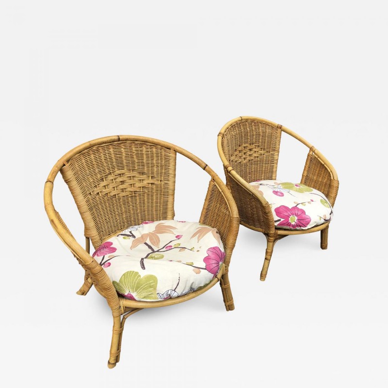 French riviera pair of charming rattan lounge chairs