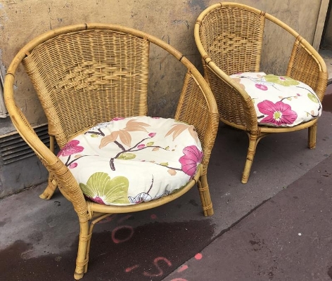 French riviera pair of charming rattan lounge chairs