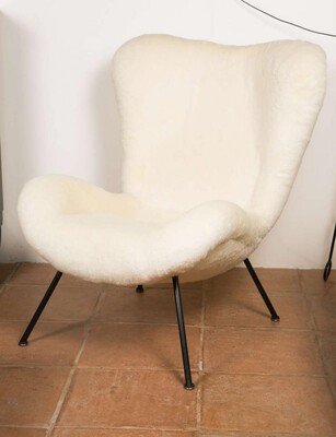 Fritz Neth Pair of Chairs in Raw White Wool Teddy Bear Cloth