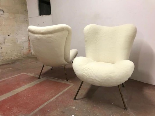 Fritz Neth rarest pair of chairs newly covered in wool faux fur
